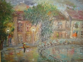 Под ръмящия дъжд (2011). Маслени бои върху платно. Размери 46х55 см (ангажирана)
